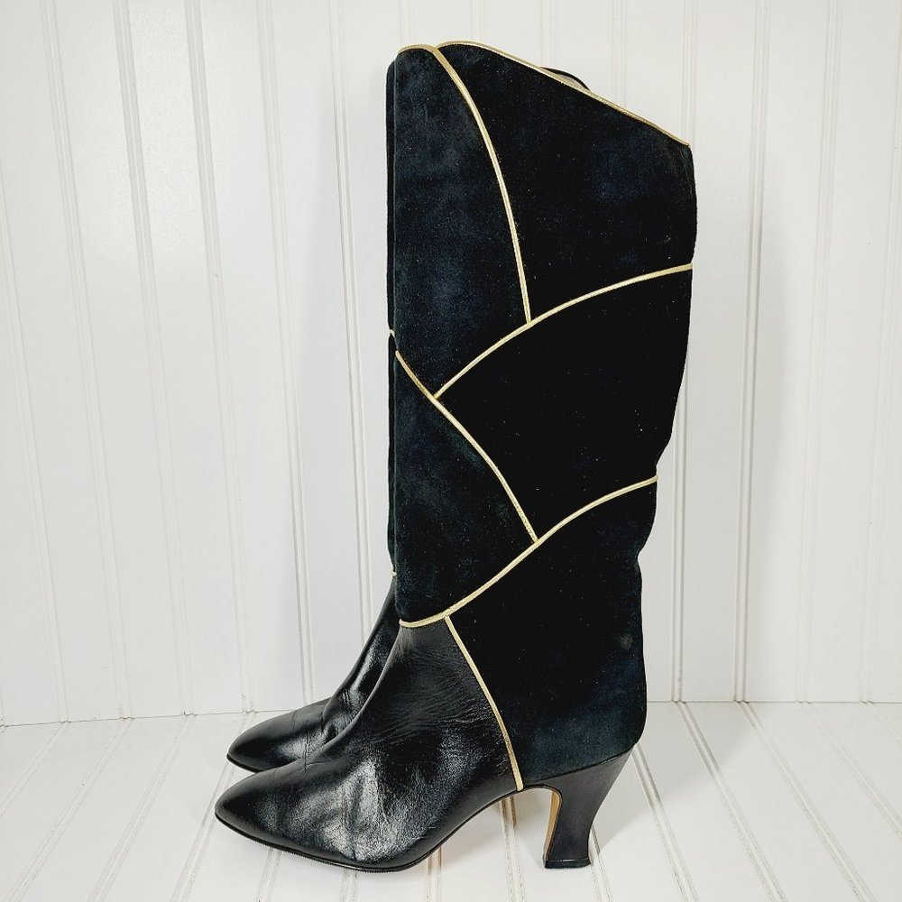 Siamanto Black and Cream Leather Suede Slip On Wide Calf Pointed Toe Boots  I15